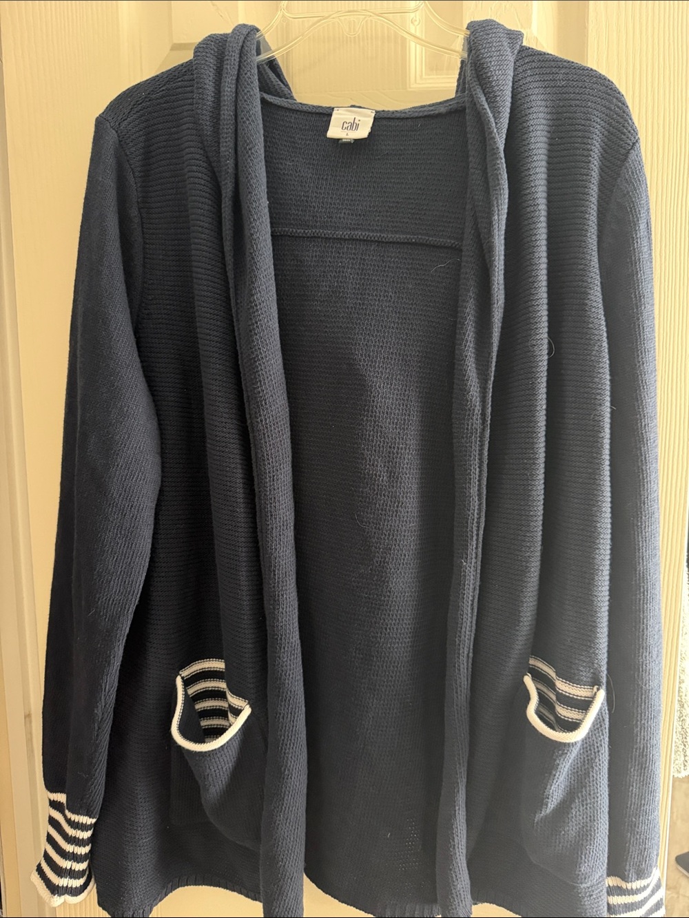 CAbi Navy Open-Front Hooded Cardigan with White-Trim Pockets and Striped Cuffs